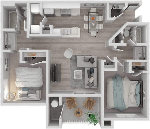 a 3d rendering of the living room and bedroom of an apartment